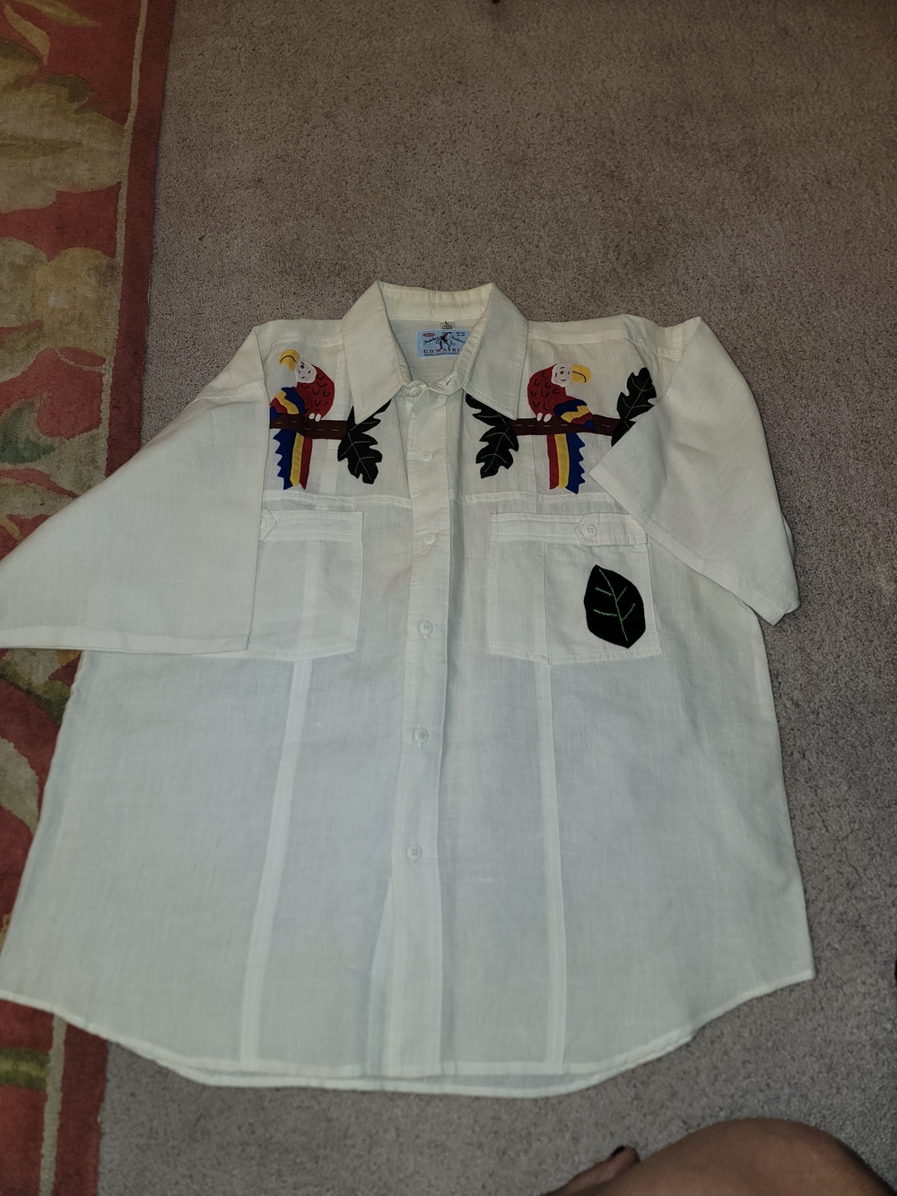 Cream Button-Down Shirt with Parrot Embroidery